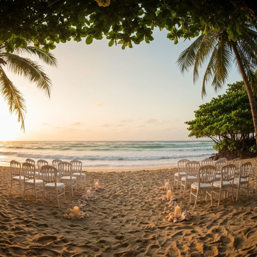 Beach wedding setup at golden hour